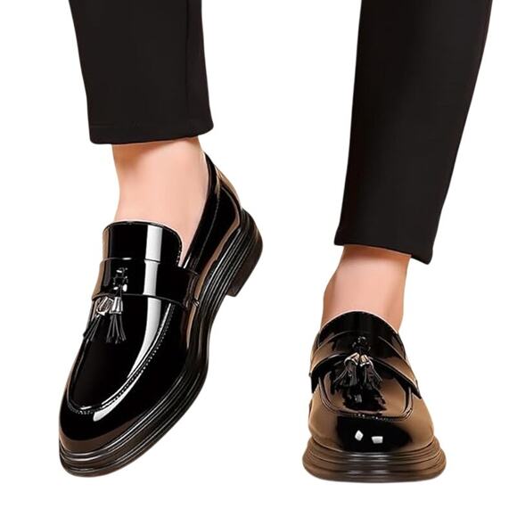 Mens Size 10 Shiny Black Faux Leather Slide On Formal Non Slip Loafer Shoes main image 6